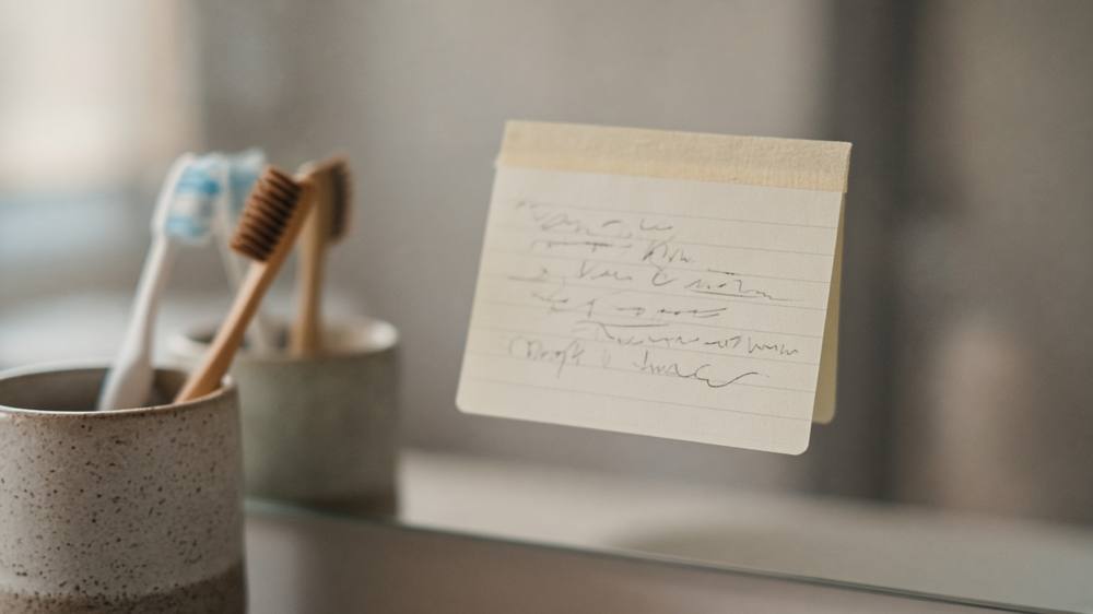 A handwritten goal card taped to a bathroom mirror beside a cup of toothbrushes.