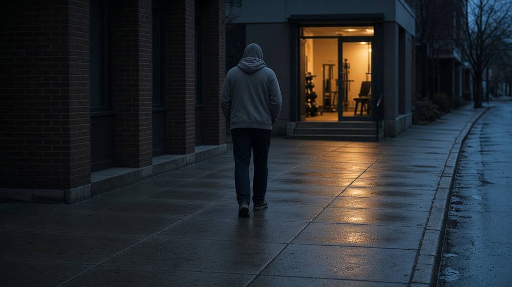 A person in a hoodie walking alone down a wet sidewalk at dawn toward the lit doorway of a small gym.